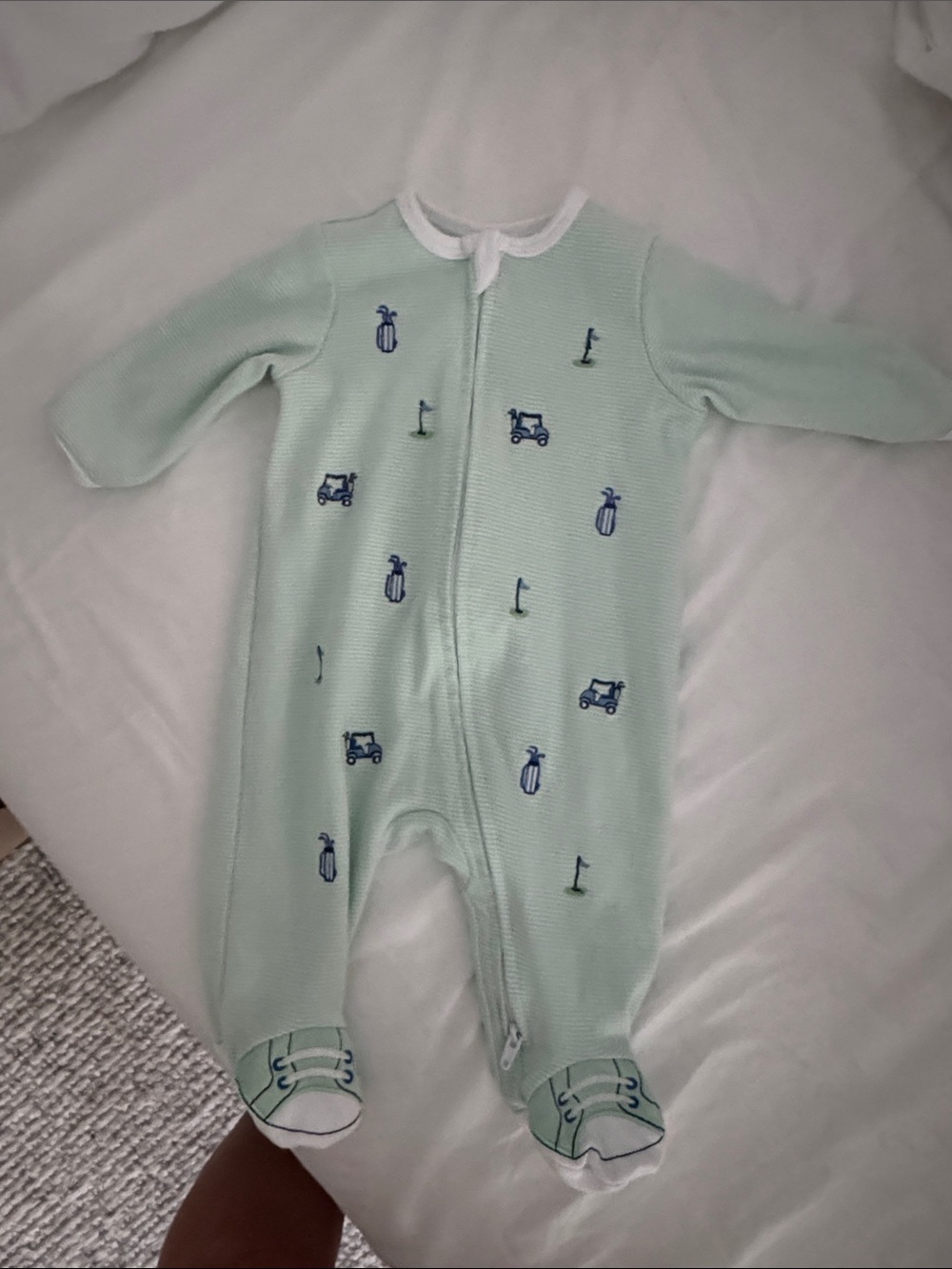Little Me Mint Green Footed One-Piece with Blue Golf Motifs